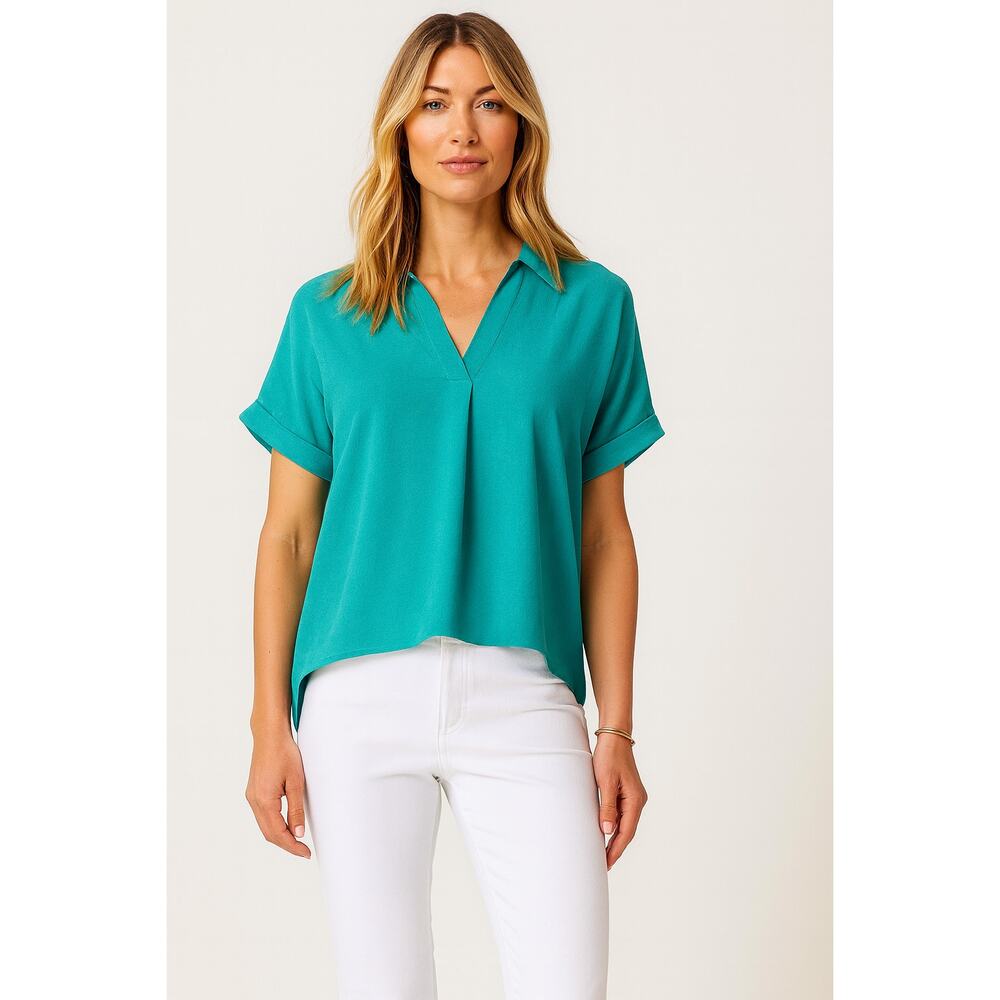 NWT J. Jill Wearever Green Button-Back Top Notched Collar Blouse Women's size L